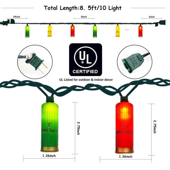 Colorful Christmas LED Bullet String Light, 8.5Ft Novelty Shotgun Light String with 10 Bullet Lights for Outdoor Party Graduation Themed Celebration Patio Bedroom Decor, Green Wire