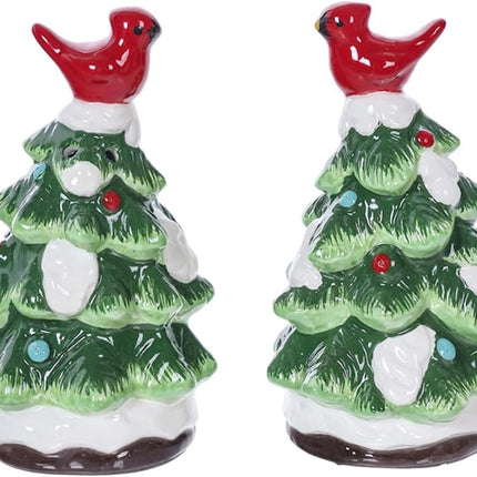The Bridge Collection Snowy Christmas Tree Salt and Pepper Shakers - Festive Ceramic Salt & Pepper Shakers - Christmas Trees with Cardinals Holiday Kitchen Tabletop Decor