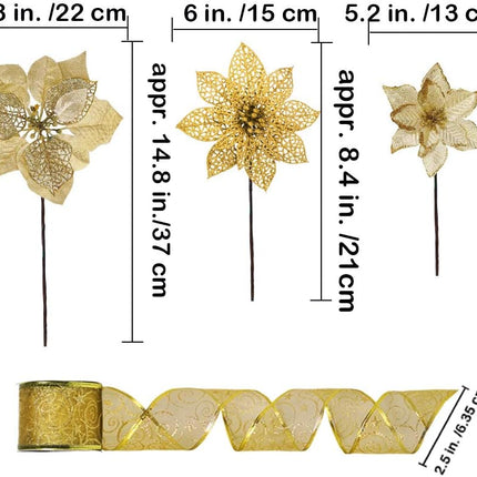 Winlyn 26 Set 3 Style Christmas Gold Glitter Poinsettia Flowers Picks Xmas Tree Ornaments and 12 Yards Decorative Gold Glittered Wired Ribbon for Gold Christmas Tree Wreaths Garland Holiday Décor