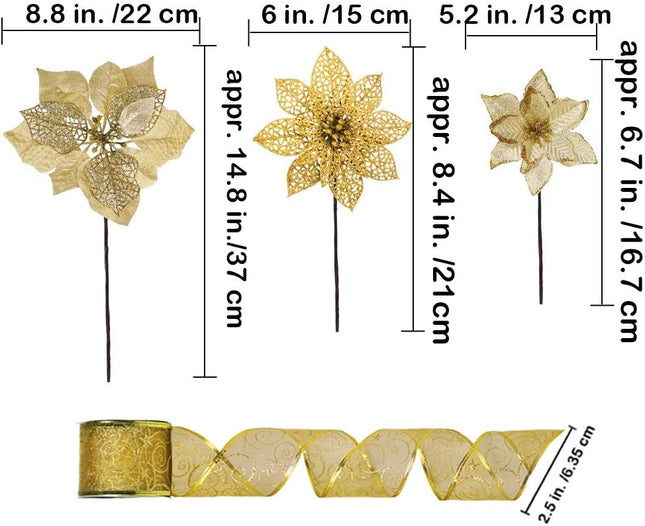 Winlyn 26 Set 3 Style Christmas Gold Glitter Poinsettia Flowers Picks Xmas Tree Ornaments and 12 Yards Decorative Gold Glittered Wired Ribbon for Gold Christmas Tree Wreaths Garland Holiday Décor