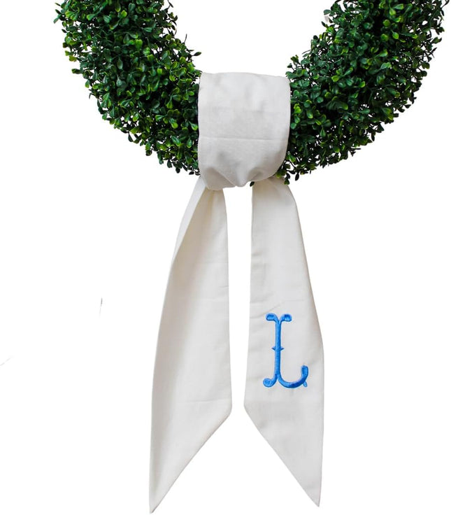 Monogram Wreath Sash for Front Door, White Embroidered Linen Wreath Sash, Porch Accessory for Xmas Party Yard, Wedding, and Boxwood Decoration, Indoor Outdoor Décor - (L)