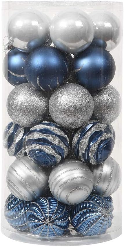 Sattiyrch Christmas Ball Ornaments 30ct, 60mm/2.36" Blue and Silver Shatterproof Plastic Decorative Xmas Balls Ornaments Set (Blue and Silver)