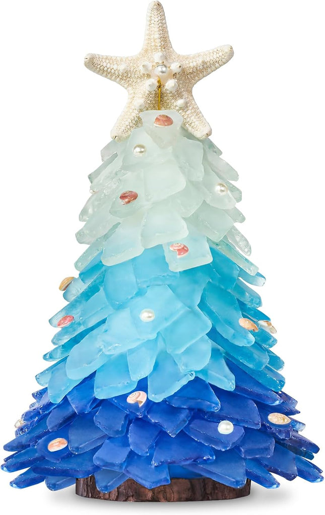 Sea Glass Christmas Tree - Handcrafted Mini Christmas Tree, Table Centerpiece - Ideal for Christmas, Year, Home Decor, Coastal Holiday Decor and More (Blue Gradient)