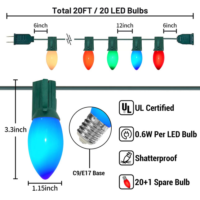 C9 Multicolor Chritsmas Lights Outdoor, 20Ft Vintage Christmas String Lights with 21 Colorful LED Plastic Bulbs(1 Spare), Hanging Lights for Outdoor Roofline Christmas Tree Garden Decor, Green Wire
