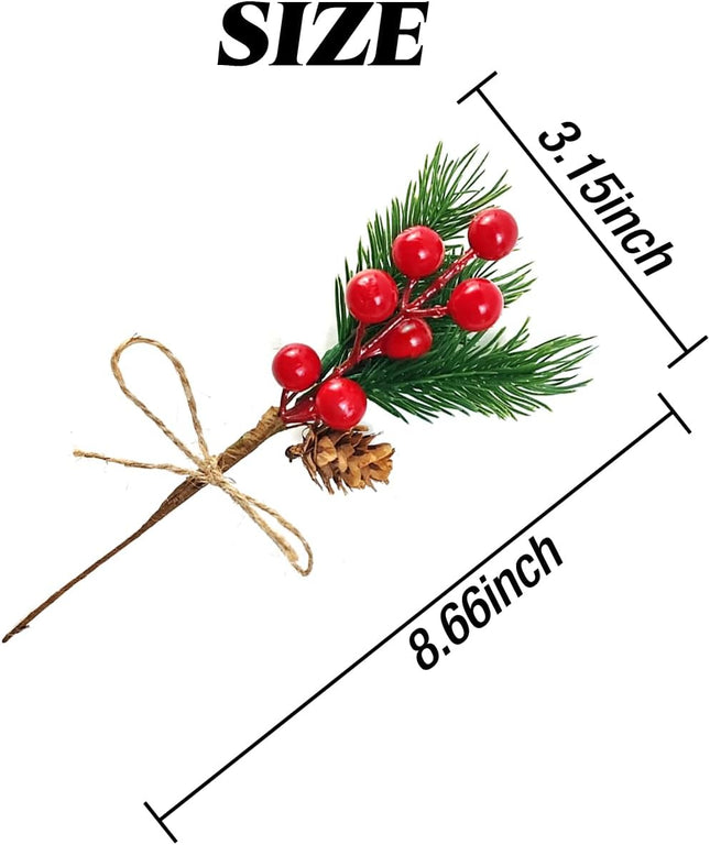 TIHOOD 20PCS 8inch Pine Cone Red Berry Picks Stems Crafts Branch Christmas Wreath, Holly Artificial Evergreen Branches Tiny Pine Cones Picks Décor Floral Picks for Christmas Flower Wreaths DIY