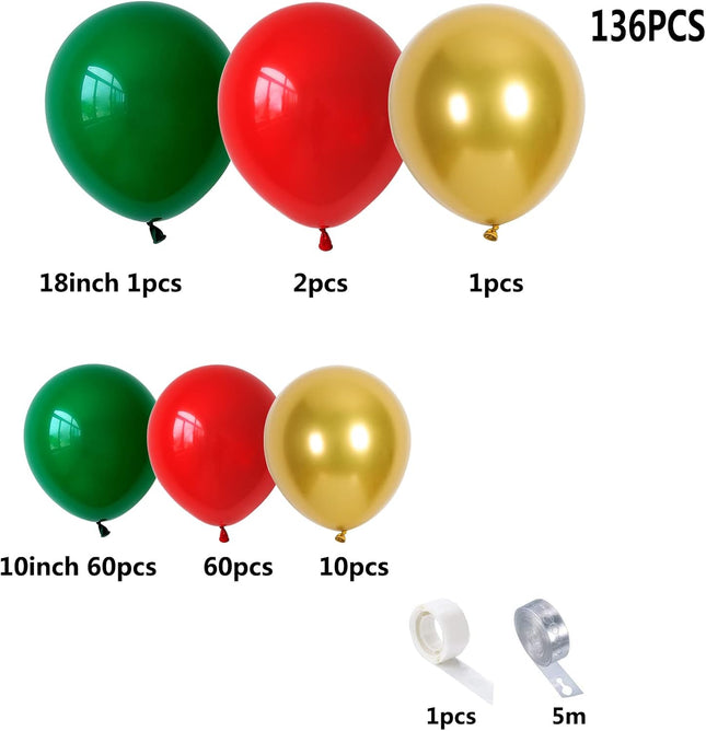 Red Green and Gold Balloon Garland Kit for Baby Shower, Wedding, Birthday, Graduation, Christmas Party Decoration