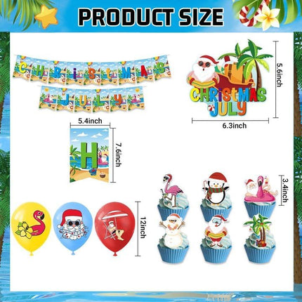 32 Pieces July Christmas Party Supplies Including Tropical Christmas Party Banner July Summer Latex Balloon Printed Santa Flamingo Tropical for Hawaiian Beach Party Summer Holiday Party Supplies