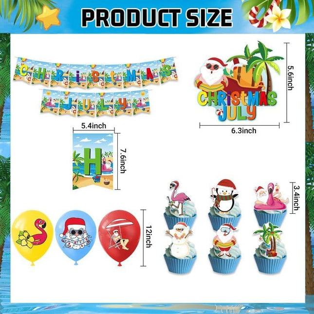 32 Pieces July Christmas Party Supplies Including Tropical Christmas Party Banner July Summer Latex Balloon Printed Santa Flamingo Tropical for Hawaiian Beach Party Summer Holiday Party Supplies