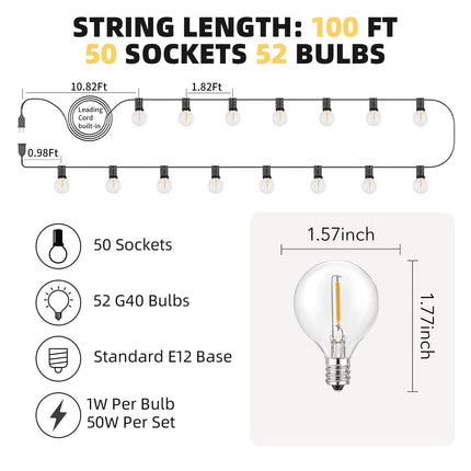 Outdoor String Lights 100ft, G40 Led Patio Lights with 52pcs Bulbs,Waterproof Shatterproof Dimmable Hanging Globe Outdoor Lights for Porch Cafe Bistro Backyard Gazebo Balcony Party, 2700K
