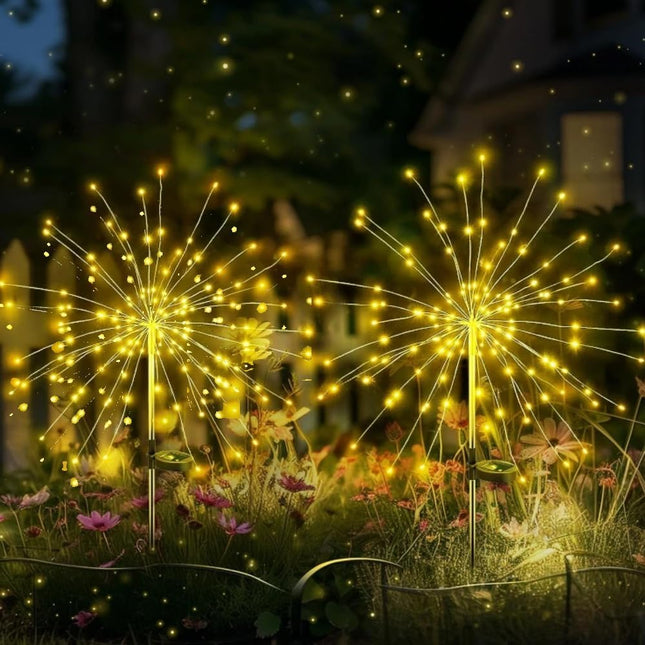 2 Pack Solar Firework Lights for Outdoor Decor,200 LEDs 8 Modes Solar Fairy Garden Lights, Solar Starburst Lights for Landscape Yard Pathway Flowerbed Christmas Decorative,Warm White