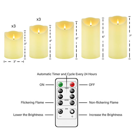 Flameless Candles with Remote, Battery Operated Flickering Flameless Candles, LED Candles with Timer 2/4/6/8H, with Realistic LED Candles Set of 9 (D3 x H 3" 4" 5" 6" 7") (Ivory)