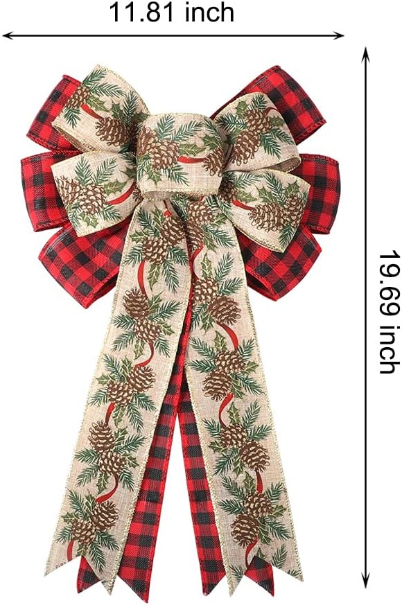 Christmas Wreath Bows - 2 Pack Large Red Black Plaid Burlap Wired Bow for Christmas Wreath, Christmas Party Xmas Tree Ornaments, Presents, Stair, Door, Indoor Outdoor Wall Decorations WG29