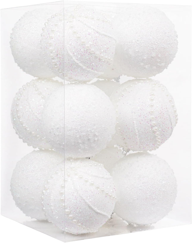 3.15" Christmas Ball Ornaments 12pcs Sequin Christmas Balls Shatterproof Christmas Tree Ornaments Glitter Christmas Ornaments Plastic Hanging Pearl Balls for Xmas Trees,Holiday Party(White)