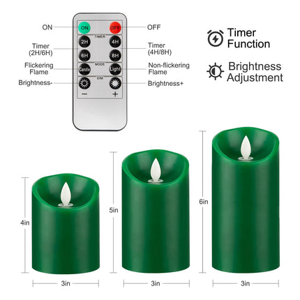Green Flame Candles (Green LED Light Source), Remote Control/Moving Wick Design, Real Wax Flameless Christmas Green Candle, Battery Operated, Timer and Dimmable