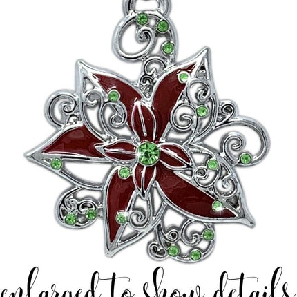 Poinsettia Christmas Ornaments - Set of 3 Silver Filigree Red and Green Jeweled Poinsettias - 2" D
