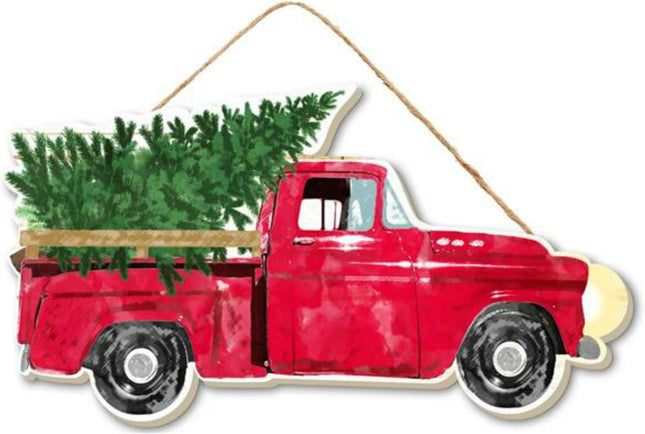 10" Wood Vintage Red Truck with Christmas Trees- Christmas Decor - Vintage Red Truck Wall or Door Hanger