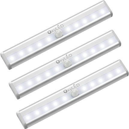 Oxyled Motion Sensor Light For Home Under Cabinet Light Wireless Lights For Wall 10 Led Lights Battery Operated Light With Magnetic Stick Up For Cupboard 3 Pack - Aluminium Abs White