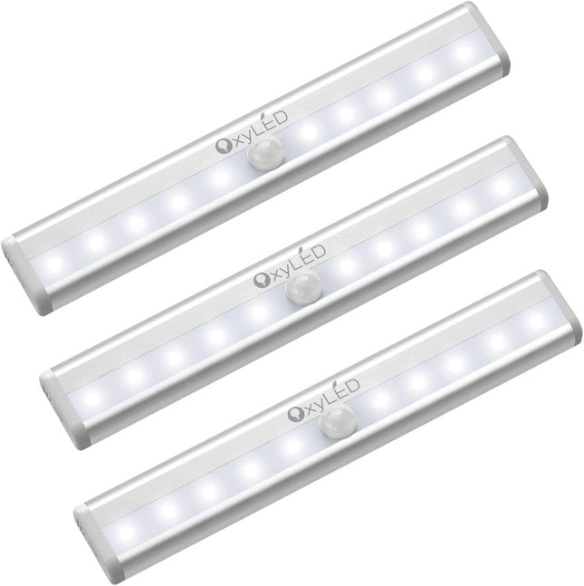 Oxyled Motion Sensor Light For Home Under Cabinet Light Wireless Lights For Wall 10 Led Lights Battery Operated Light With Magnetic Stick Up For Cupboard 3 Pack - Aluminium Abs White