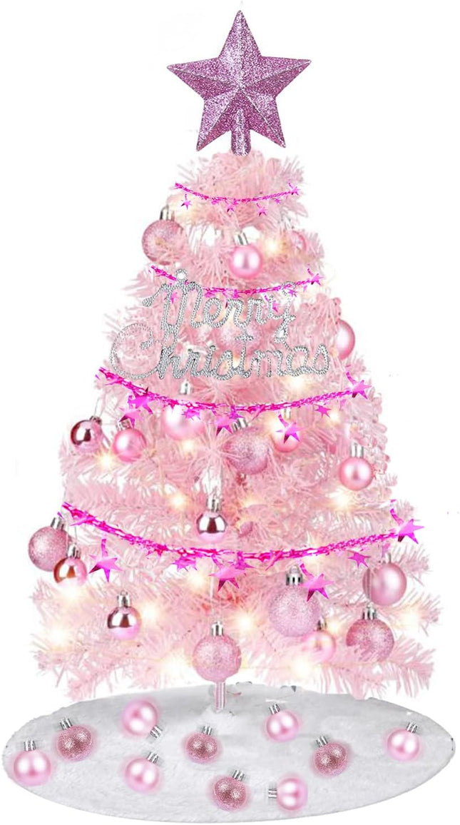Artificial Mini Christmas Tree, 2ft Small Christmas Tree with Lights, Tabletop Artificial Xmas Tree with Christmas Balls, Pink Tabletop Christmas Tree for Christmas Decorations