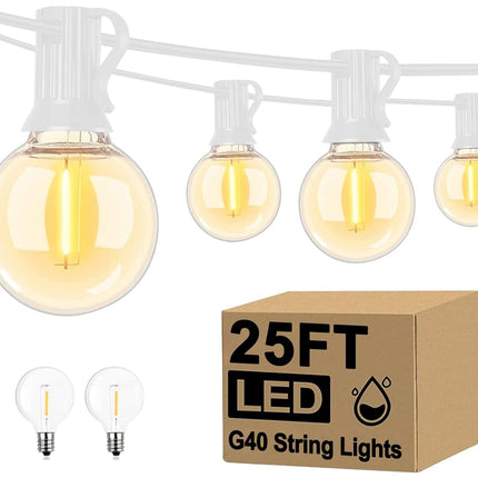 Abeja 25Ft LED Outdoor String Lights, Patio Globe String Lights with 27 Shatterproof LED Clear Bulbs(2 Spare), Hanging Patio String Lights for Backyard Decor Bistro Party Yard Decor- White Wire