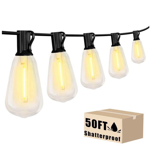 DAYBETTER Outdoor String Lights 50FT Waterproof LED Edison Outside Lights,2700K 17 Shatterproof ST38 Bulbs, Hanging Umbrella Lights for Garden Camping Patio Porch Backyard Deck Balcony