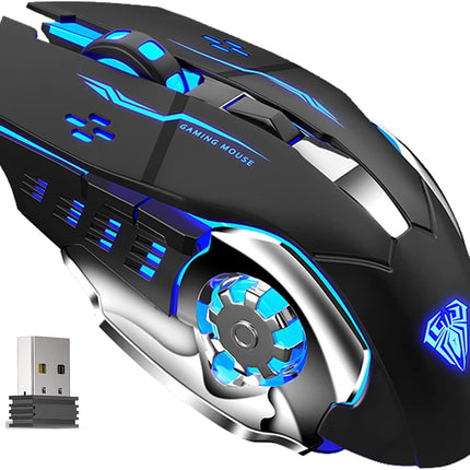AULA SC100 Silent Wireless Gaming Mouse Rechargeable, with Side Buttons, LED Backlit, DPI Adjustable, 2.4G Wireless Optical Computer Mice Punk Cool Mouse for Games/Work (Black)