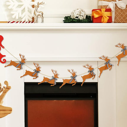 Whaline Wooden Christmas Banner Santa Sleigh and Reindeer Wood Banner Pre-Assembled Rustic Bunting Garland Sign Celebration Hanging Decorations for Xmas Party Supplies Home Decoration