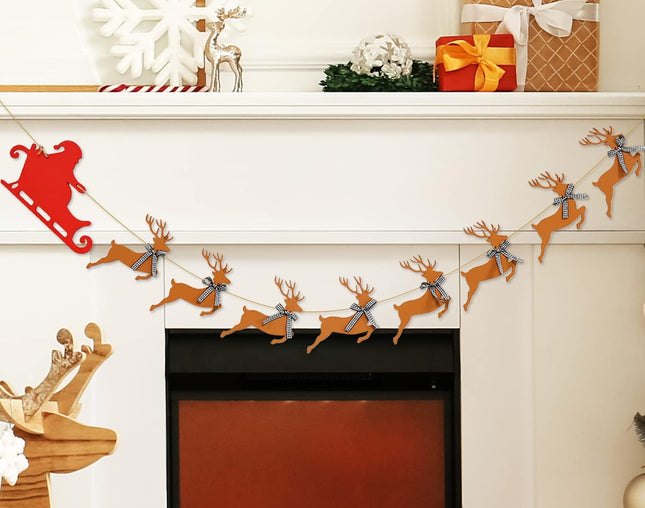 Whaline Wooden Christmas Banner Santa Sleigh and Reindeer Wood Banner Pre-Assembled Rustic Bunting Garland Sign Celebration Hanging Decorations for Xmas Party Supplies Home Decoration