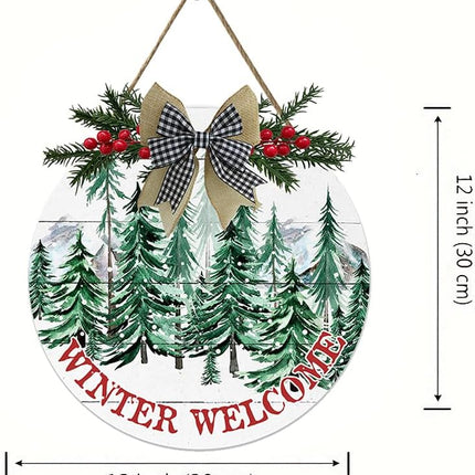 VELLOW Winter Front Door Welcome Sign, Merry Christmas Wooden Welcome Door Sign, Christmas Winter Pine Tree Welcome Wreath 12x12 inches