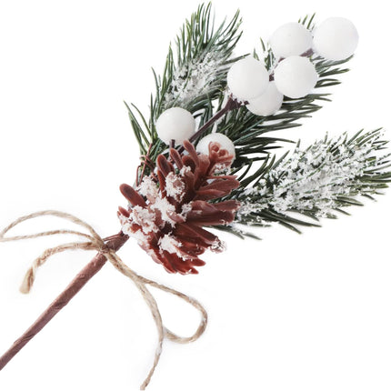 10PCS Artificial Christmas Picks White Berry Stems Faux Frosted Pine Branches Holly Spray with Bow-knot Pinecones for Xmas Tree Flower Arrangement Wreath Winter Holiday Season Décor (White, 10)