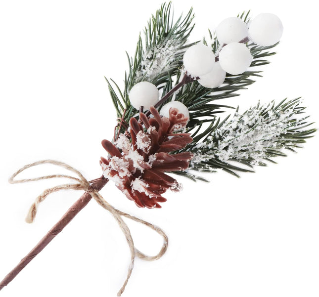 10PCS Artificial Christmas Picks White Berry Stems Faux Frosted Pine Branches Holly Spray with Bow-knot Pinecones for Xmas Tree Flower Arrangement Wreath Winter Holiday Season Décor (White, 10)