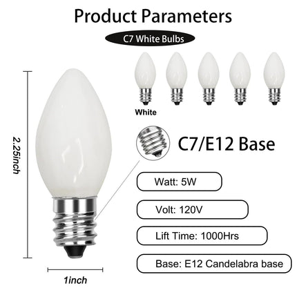 GOOTHY 25 Pack C7 White Replacement Bulbs, Ceramic C7 White Light Bulbs for Christmas Outdoor Patio Indoor String Lights, C7/E12 Candelabra Base, 5 Watt Night Light Bulbs- White