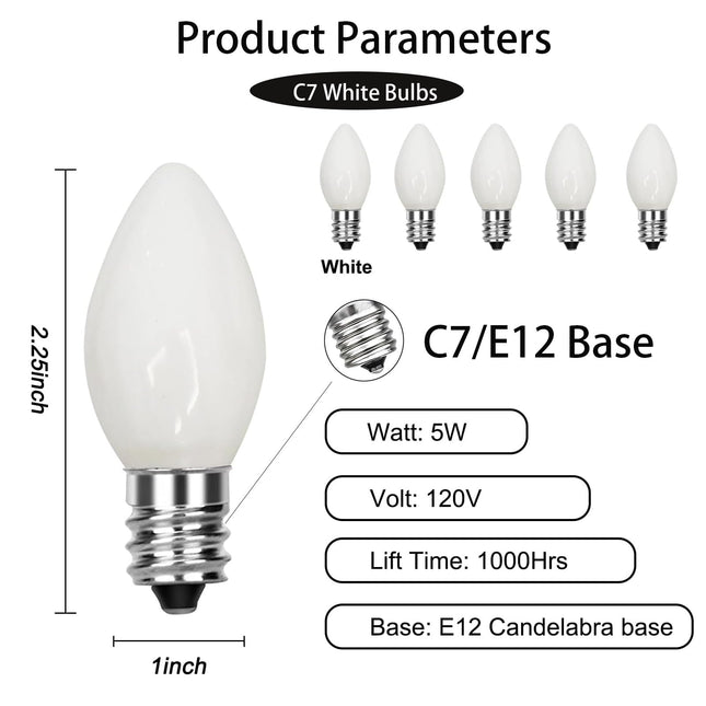 GOOTHY 25 Pack C7 White Replacement Bulbs, Ceramic C7 White Light Bulbs for Christmas Outdoor Patio Indoor String Lights, C7/E12 Candelabra Base, 5 Watt Night Light Bulbs- White