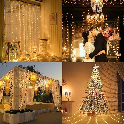 XZAI Christmas Icicle Lights, Solar Curtain Lights, 300 LED Outdoor Waterfall String Lights with USB Rechargeable, IP67 Waterproof, with Remote, 8 Modes, Timer, Fairy Lights Curtain