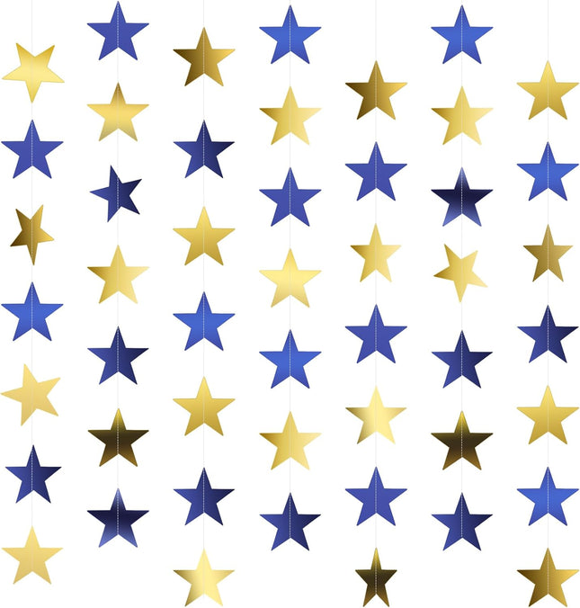 Star Garland, Star Garland Banner, 5PCS 66 Feet Double Side Star Hanging Bunting Banner Backdrop Little Star Paper Hanging Decor for Birthday Wedding Baby Shower Christmas Party Decorations, Blue Gold