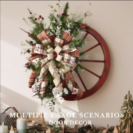 Christmas Wreath, 24 inch Artificial Plaid Bow Holiday Pine Cones Wreath Hanging Roulette Wheel Garland for Front Door Decoration and Christmas Party Decor
