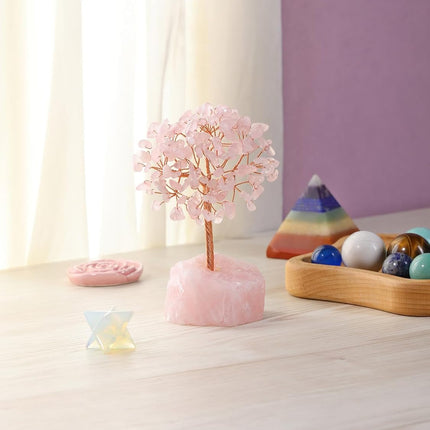Jovivi Rose Quartz Crystals Tree, Raw Pink Healing Crystals Amethyst Base Bonsai Money Tree for Home Office Table Decor Wealth and Luck