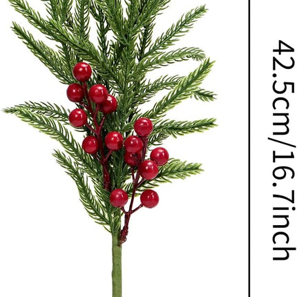 Norfolk Pine Branches Red Berry Stems 17" Artificial Christmas Greenery Picks Fake Pine Needles with Holly Berries for Xmas Tree Filler Decorations Festival Holiday Vase DIY Garland Craft (8, Green)