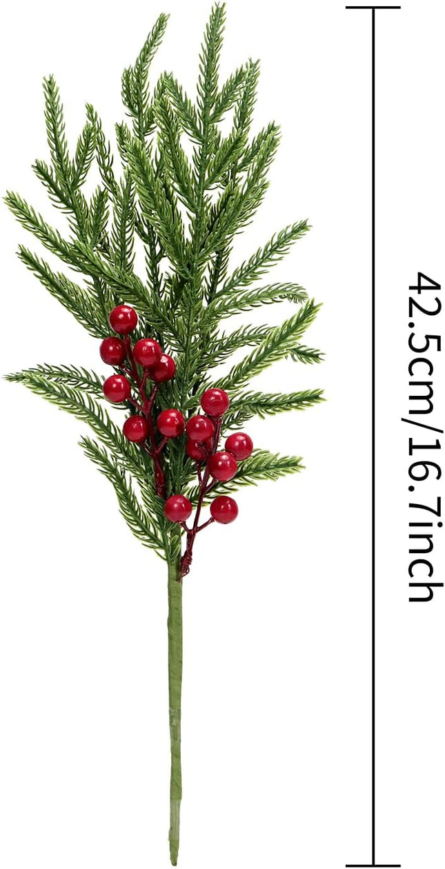 Norfolk Pine Branches Red Berry Stems 17" Artificial Christmas Greenery Picks Fake Pine Needles with Holly Berries for Xmas Tree Filler Decorations Festival Holiday Vase DIY Garland Craft (8, Green)