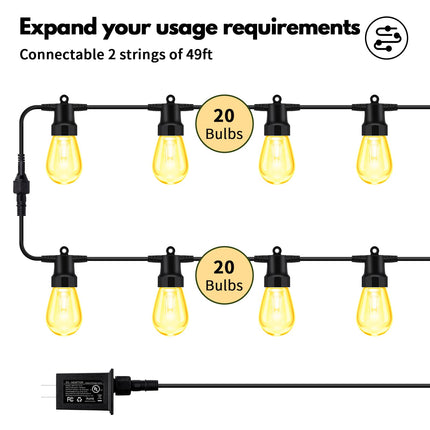 Outdoor String Lights - 49ft Patio Lights with 20 Dimmable Warm White S14 LED Bulbs, IP65 Waterproof Shatterproof Outside Lights for Christmas, Dating,Party,Camping,Remote Control,Timer,16W