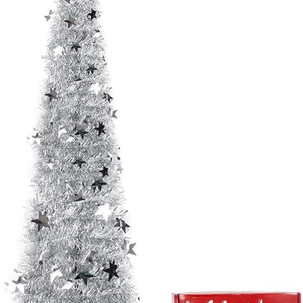 QUIENKITCH 6FT Pop Up Artificial Christmas Tree, Collapsible Sliver Tinsel Christmas Tree, Foldable Tall Skinny Pencil Xmas Tree for Holiday Xmas Fireplace Party Decor