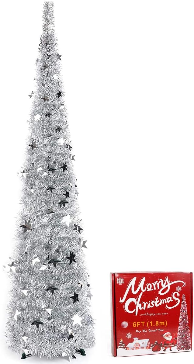 QUIENKITCH 6FT Pop Up Artificial Christmas Tree, Collapsible Sliver Tinsel Christmas Tree, Foldable Tall Skinny Pencil Xmas Tree for Holiday Xmas Fireplace Party Decor