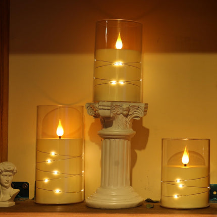 Flashing Flameless Candle with String Light, Battery Powered Candle, Recessed String LED Candle, Indestructible Plexiglass Candle with Remote Control, Set of 3, Ivory White