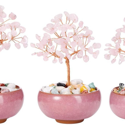 GEHECRST Rose Quartz Crystal Tree Natural Healing Crystal Gemstone Tree with Ceramic Base Handmade Stone Feng Shui Bonsai Money Tree for Wealth Good Luck Home Office Decor Crystal s