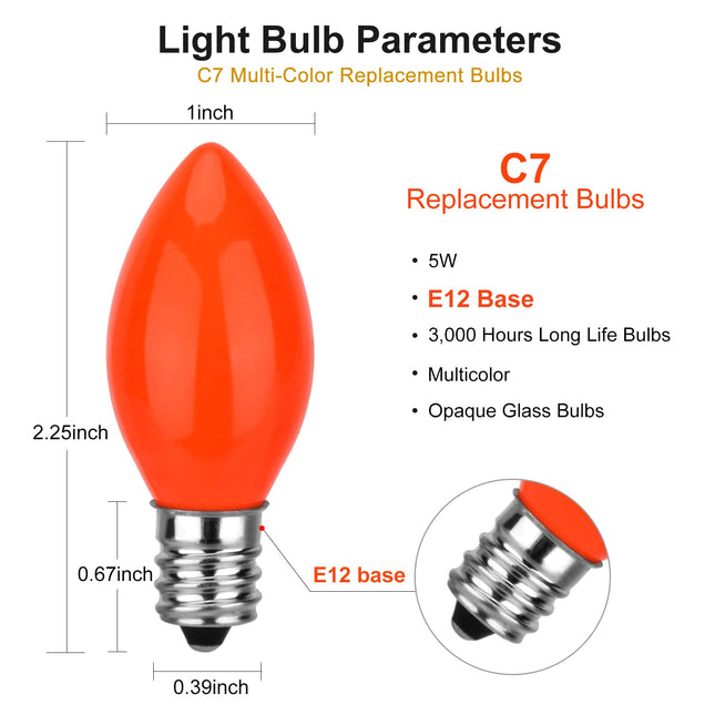25 Pack C7 Ceramic Christmas Replacement Bulbs, Multi-Color Bulbs for E12 Candelabra Base Outdoor/Indoor Light String, 5 Watt