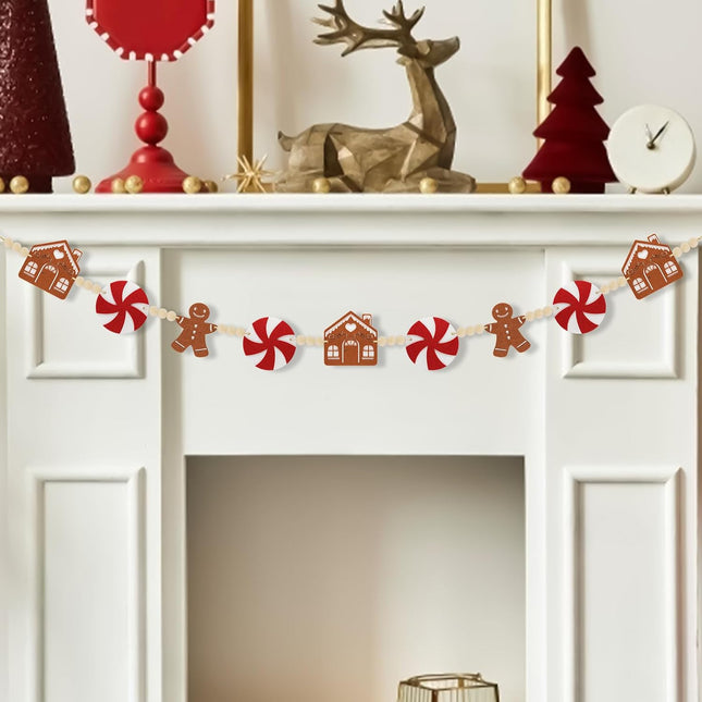 6Ft Christmas Garland Decorations - Felt Jinglebread Man & House with Wood Beads - Christmas Banner Decor for Mantle, Wall, Tree - Perfect for Indoor Christmas Decorations & Party Supply