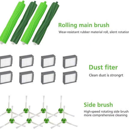 Mzy Llc Parts For Irobot Roomba I7 I7+ I2 I3 I3+ I4 I4+ I6 I6+ I8 I8+Plus J7 J7+ E5 E6 E7, I, E & J Series Vacuum Cleaner, 2 Set Rubber Brushes, 8 Hepa Filters And 8 Side Brushes