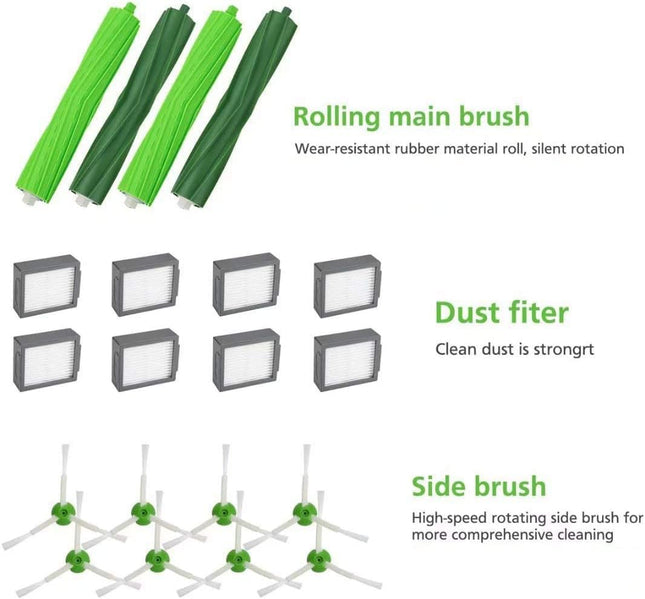 Mzy Llc Parts For Irobot Roomba I7 I7+ I2 I3 I3+ I4 I4+ I6 I6+ I8 I8+Plus J7 J7+ E5 E6 E7, I, E & J Series Vacuum Cleaner, 2 Set Rubber Brushes, 8 Hepa Filters And 8 Side Brushes