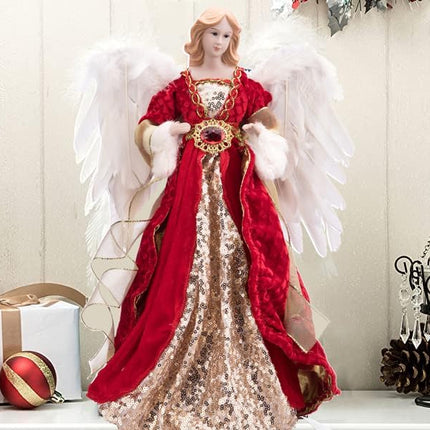 Redrubbit 16 inches Christmas Angel Tree Topper with Feather Wings in Luxury Red Velvet Sequin Dress, Christmas Treetop Flying Angel Winged Diva Fairy Goddess Figurine Holiday Ornament