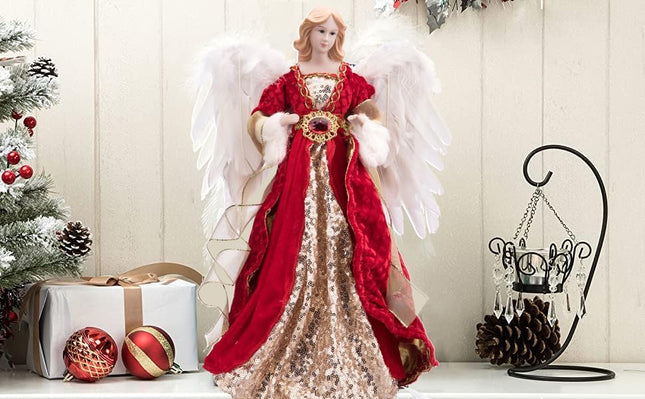 Redrubbit 16 inches Christmas Angel Tree Topper with Feather Wings in Luxury Red Velvet Sequin Dress, Christmas Treetop Flying Angel Winged Diva Fairy Goddess Figurine Holiday Ornament